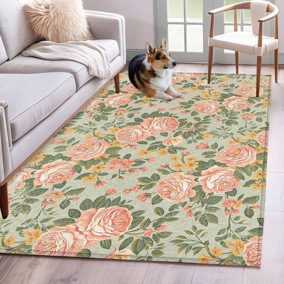 Pink Rose Area Rug 3x5 Washable Rug Non Slip Romantic Botanical Floral Flowers Leaves Large Area Rug Indoor Floor Carpet for Entryway Bedroom Kitchen Living Room Home Office Dining Room Nursery