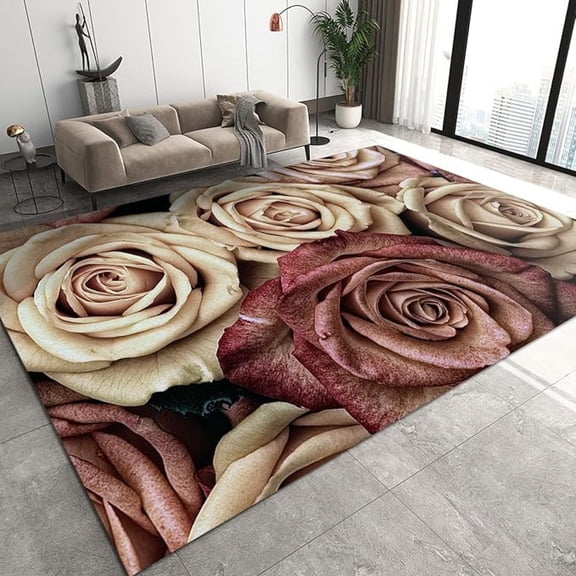 Pink Rose Area Rug, Romantic Rose Flower Non Slip Living Room Rug, Noise Reduction Machine Washable Carpet For Indoor Bedroom Office Decor Mat 5x6ft