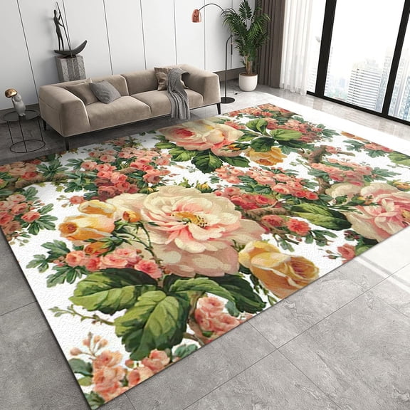 Pink Rose Area Rugs, Romantic Carpet, Non-Slip Mat Fast Drying Machine Washable Soft And Comfortable Apply To Bedroom Living Room Bath Mat Balcony 3x5ft