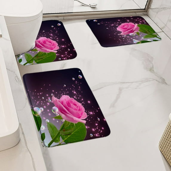 Pink Rose Bath Mat Set Petals Natural Flowers Plants Women Girls Home Carpet Bathroom Decorative Flannel Floor Rugs U Shape Mats