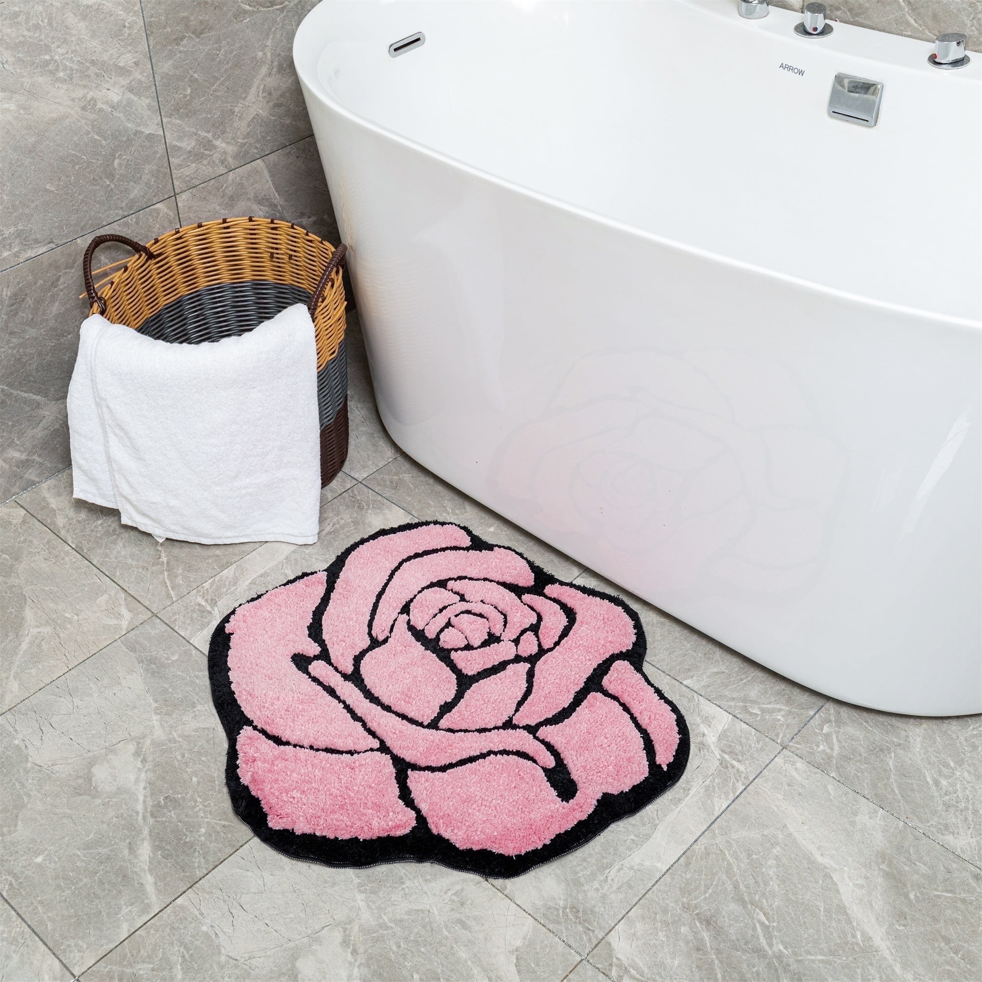Pink Rose Bath Mat for Bathroom Non Slip Flower Shaped Absorbent Bath Rug Fluffy Shower Rugs Washable Decor Floral Small Rug Doormats 23.6x25.5in