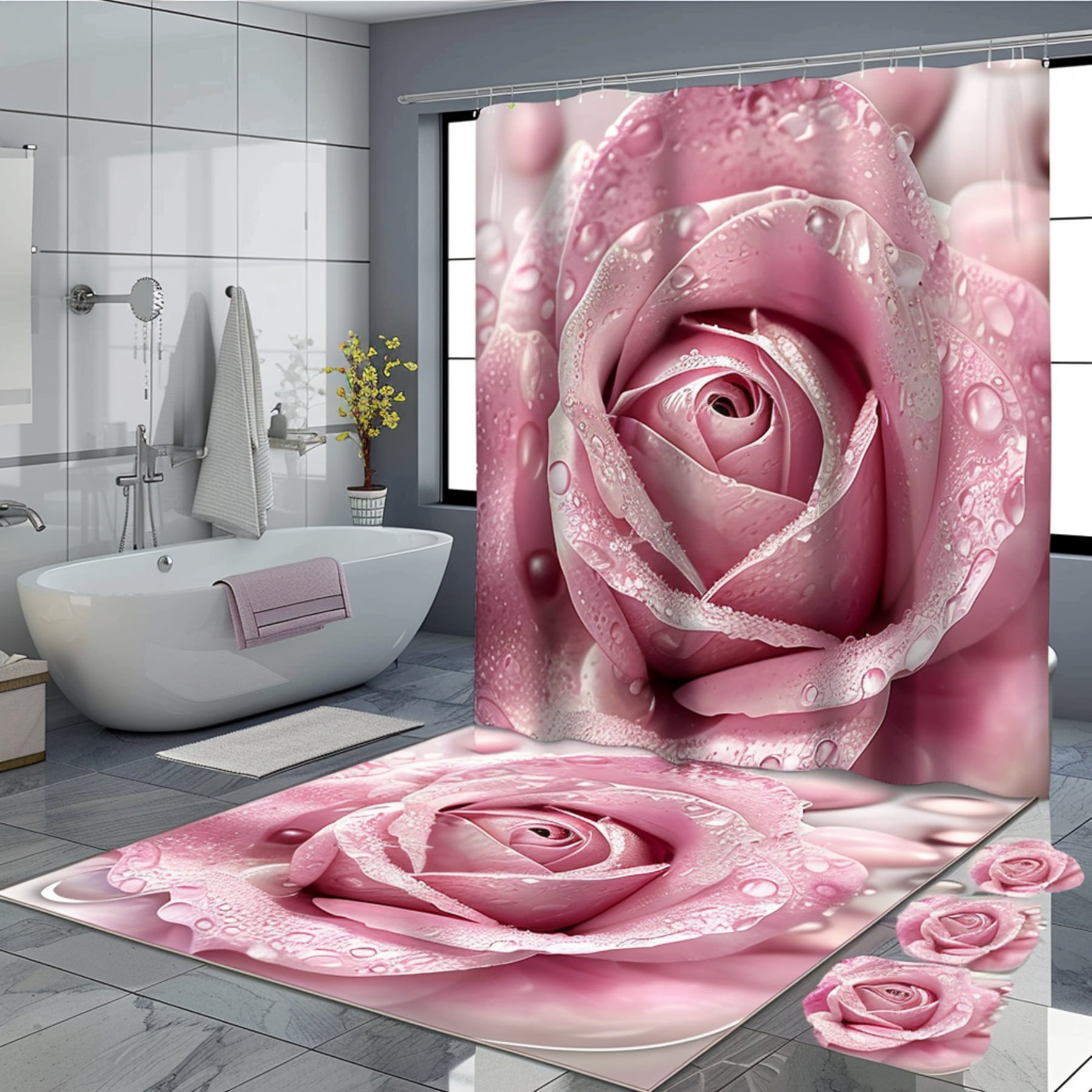 Pink Rose Bathroom Decor Set Includes Curtain Giant Turtle Elegant and