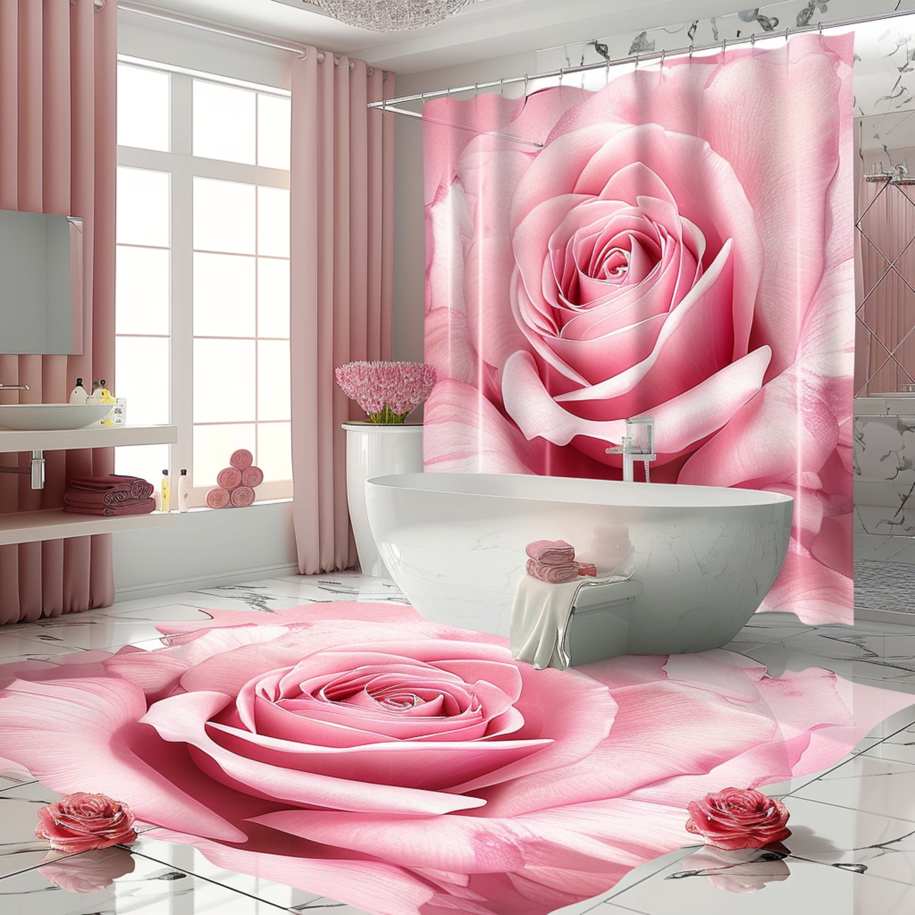 Pink Rose Bathroom Set with White and Floral Accents Elegant Shower