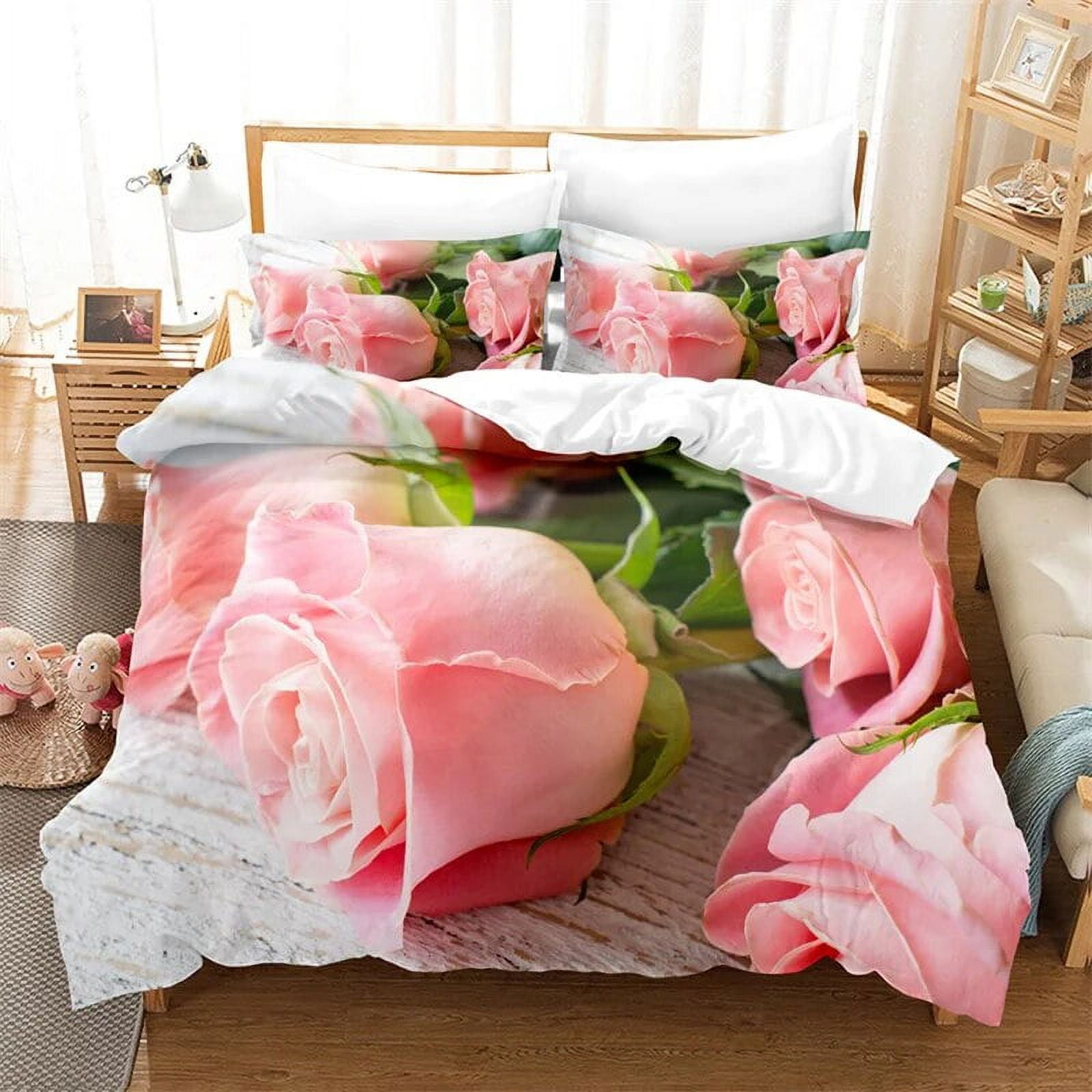 FADFAY Floral Duvet Cover Set - 4-Piece Queen Bedding With Lace Bedskirt, Pink Rose Print, 100% Cotton