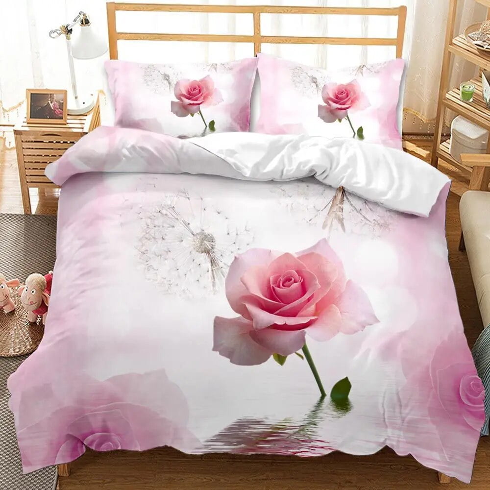 Pink Rose Bedding Set King Queen Full Twin Size For Women Romantic