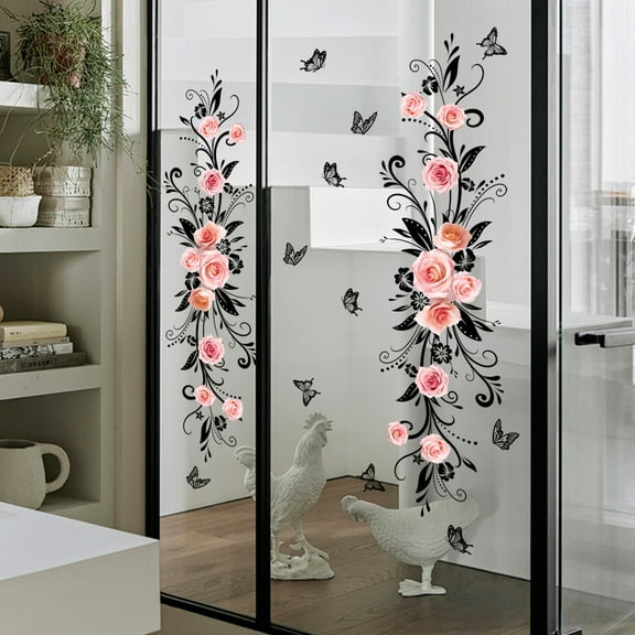 Pink Rose Black Butterfly Wall Stickers Warm Living Room Bathroom Wall Stickers Bedroom Double sided Visible Self Adhesive