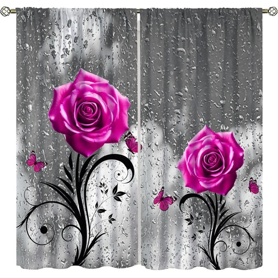Pink Rose Blackout Curtains for Bedroom,Gray Raindrops Misty Glass Landscape Modern Abstract Art Butterfly Plant Flower Window Drapes Print for Girls Women Kids Living Room Bathroom 42x54in