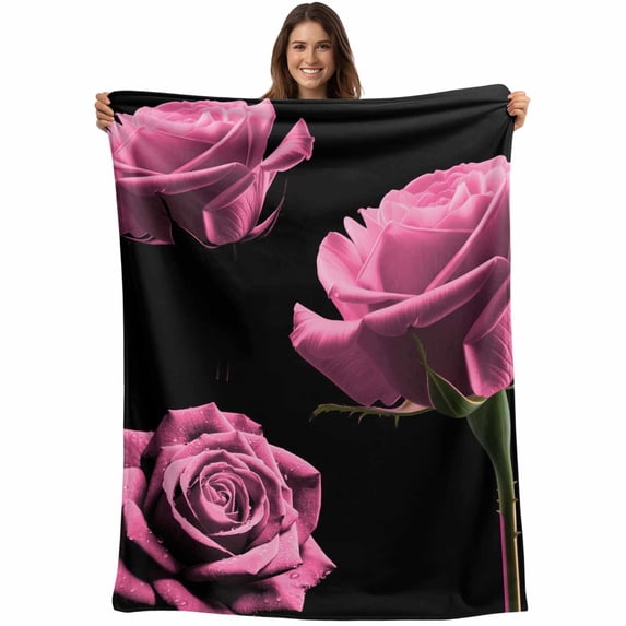 Pink Rose Blanket Soft Cozy Warm Throw Blanket for Couch, Plush Fuzzy Flannel Fleece Blankets for Sofa, Vintage Abstract Garden Flower Floral Black Bed Blankets Lightweight Gifts for Women, 50"x60"