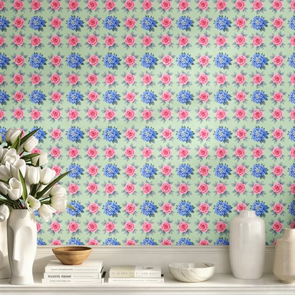 Pink Rose Blue Hydrangea Floral Pattern Stick Wallpaper Vintage Boho Rustic Wall Art Wall Decor Art Print Elegant Exquisite Wall Decoration for Living Room Bedroom Apartment Home Decor