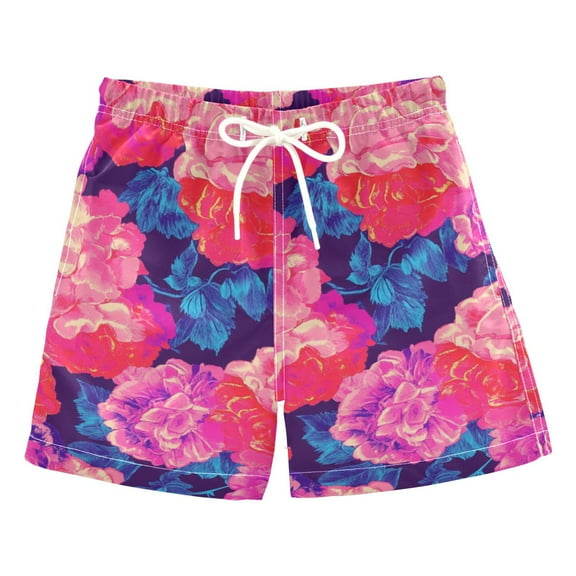 Pink Rose Blue Leaves Boys Swim Trunks Quick Dry Boy Swim Shorts for 3-14 Years