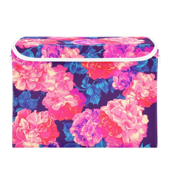 Pink Rose Blue Leaves Large Storage Bins with Linen Collapsible Lid Storage Box 16.7 x 12.6 x 11.8in