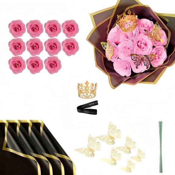 Pink Rose Bouquet, 11 Artificial Roses, DIY Glitter Eternal Rose Bouquet (With Stems), Perfect Gift for Valentine's Day, Engagement, Anniversary, Wedding, and Other Occasions.