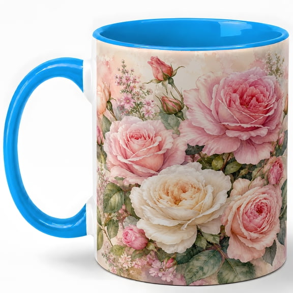 Pink Rose Bouquet 11oz Ceramic Mug, Romantic Floral Coffee Cup
