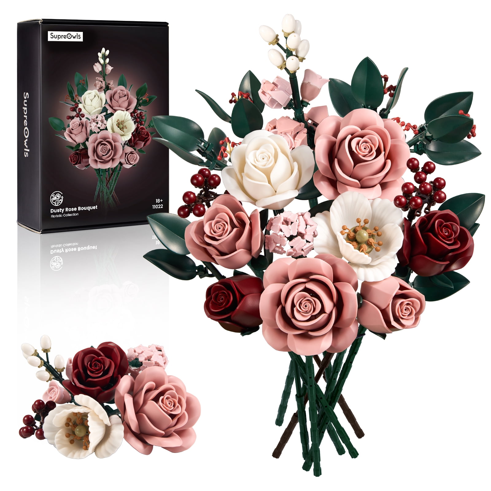 Pink Roses Flower Bouquet Building Set, Artificial Flowers Botanical Collection Kit for Adults Women & Men - Gift for Christmas, Home Room Office Shelf Centerpieces Decor