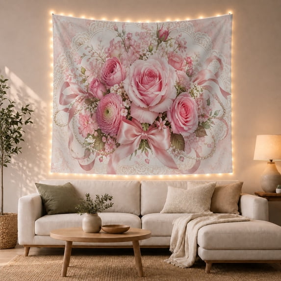 Pink Rose Bouquet with Ranunculus and Pearl Garlands, Romantic Vintage for Flower Lovers, Botanical Wall Art, Mother's Day Gift Tapestry Wall Hanging for Bedroom, Living Room and Dorm