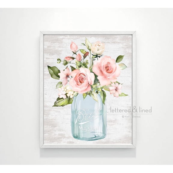 Pink Rose Bouquet Wall Art, Bathroom Kitchen Bedroom Decor, Blue Mason Jar Floral Flower Pastel by Lettered & Lined Unframed Paper Print