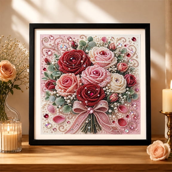 Pink Rose Bouquet with Ribbon Pearl Art Kits for Adults, 5D Diamond Art Kits Framed Canvas DIY Craft Home Decor Gift