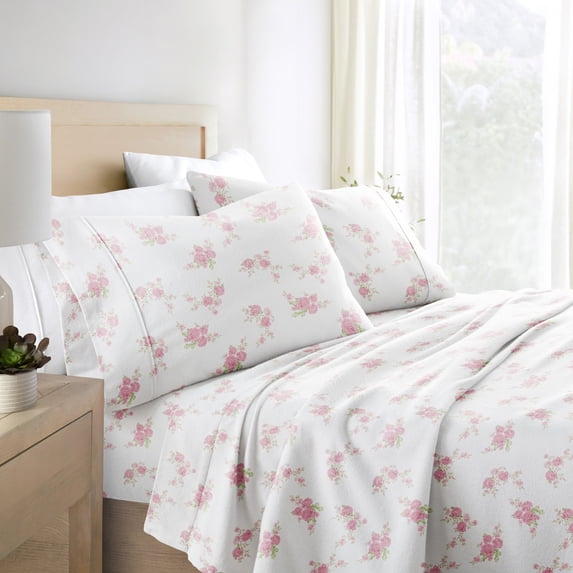 Pink Rose Bunch 4 Piece 100% Cotton Flannel Deep Pocket Sheet Set, Queen, by Noble Linens