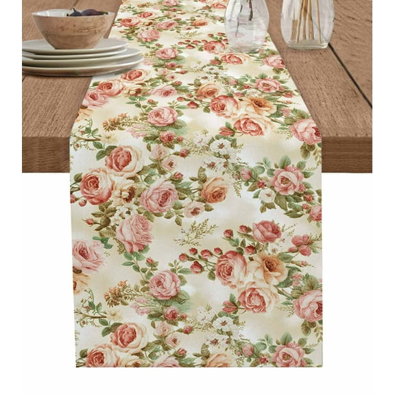 Pink Rose Burlap Cotton Table Runner 13x72 Inches Long, Vintage Pastoral Farmhouse Flowers Floral Farmhouse Table Runners, Outdoor Dining Tablecloths Decor for Baby Shower/Party/Wedding
