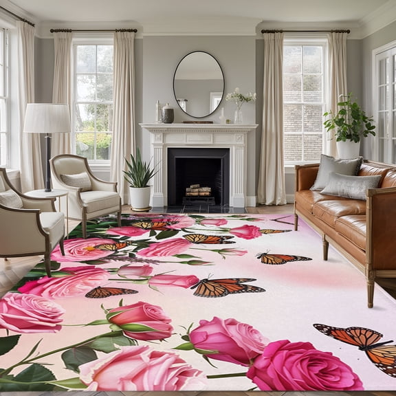Pink Rose Butterfly 8'x10' Large Area Rug for Living Room Sectional Sofa, Romantic Butterflies Flying on Roses Plant Gradient Pink Non Slip Low Pile Rectangle Area Rug, Machine Washable Indoor Mat