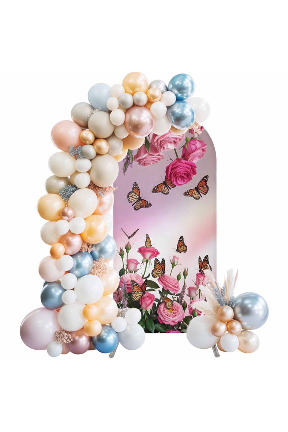 Pink Rose Butterfly Arch Backdrop Cover 4 FT Romantic Butterflies Flying on Roses Gradient Pink Stretchy Elastic Arch Stand Covers Spandex Arched Background Birthday Wedding Decoration (No Stand)