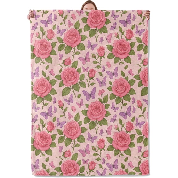 Pink Rose and Butterfly Blanket Gifts for Women Girls Kids, Soft Warm Lightweight Flannel Romantic Floral Throw Blankets for Bedroom Living Room Home Sofa Home Decor 50×60