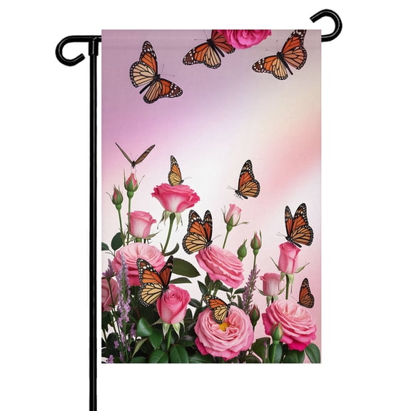 Pink Rose Butterfly Garden Flag 12x18 Inch Romantic Butterflies Flying on Roses Plant Gradient Pink Double Sided Small Decorative Garden Flags for Outside, Outdoor Yard Porch Lawn Decoration