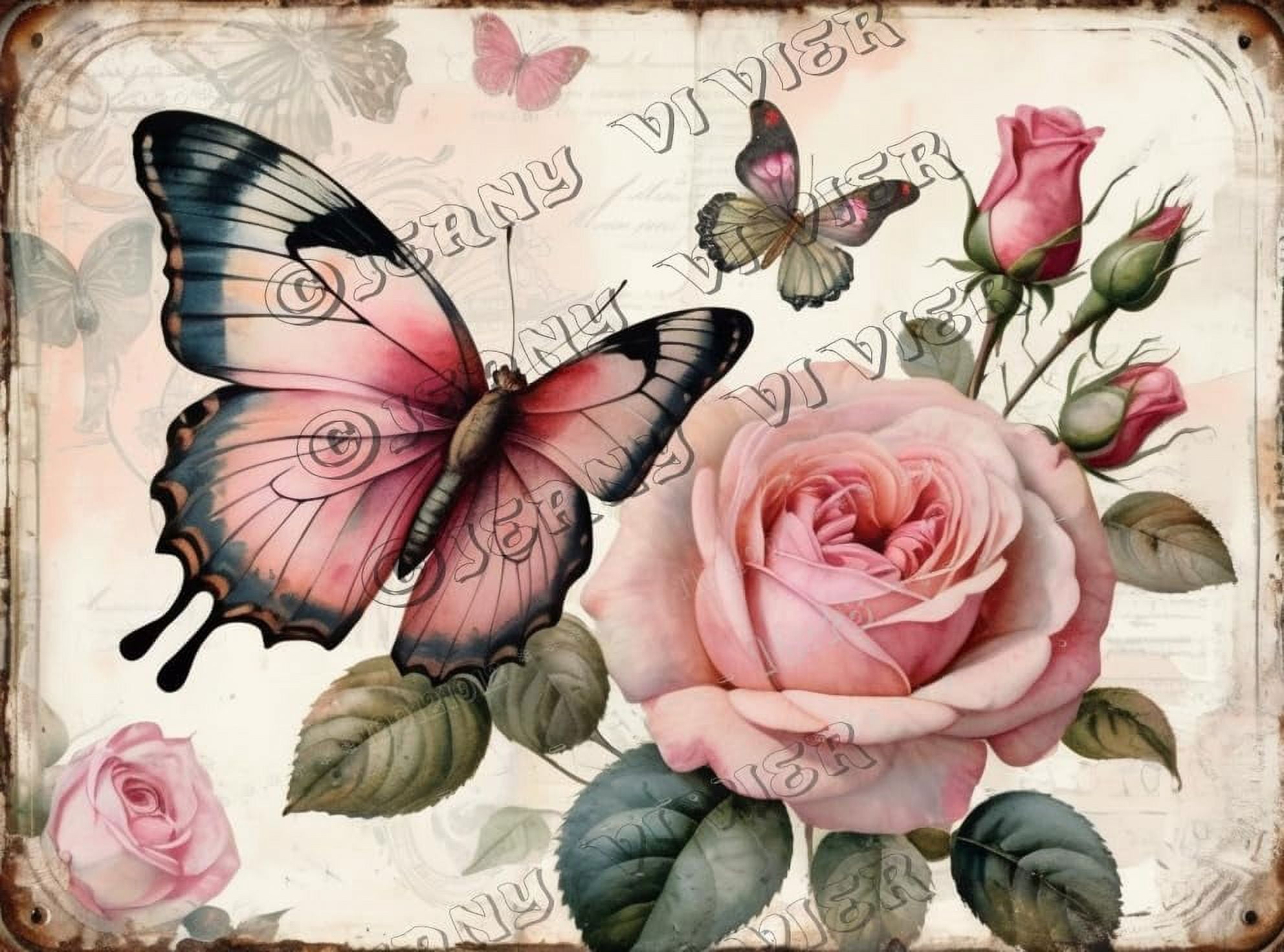 Pink Rose and Butterfly Retro Aluminum Sign 5.5
