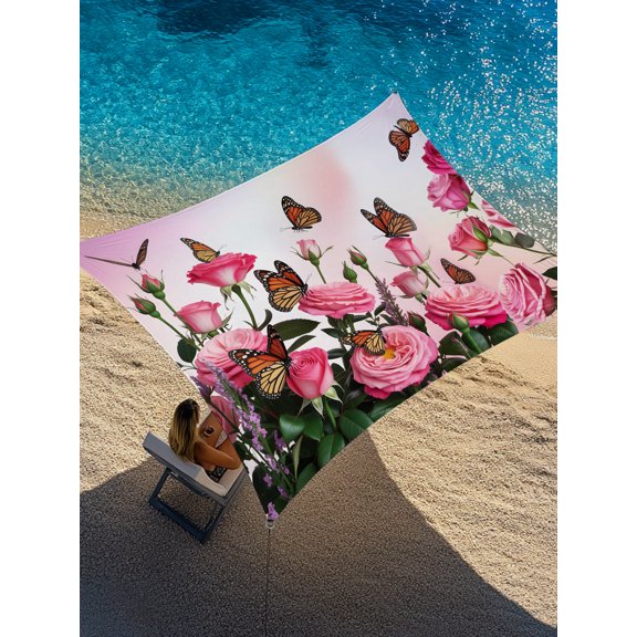 Pink Rose Butterfly Sun Shade Sail 6.5' x 10', Romantic Butterflies Flying on Roses Plant Gradient Pink Rectangle Outdoor Sunshade Canopy, Waterproof UV Block Patio Covers for Garden Yard Beach