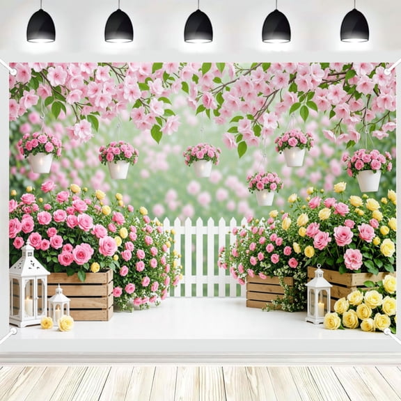 Pink Rose Cherry Blossom Garden Fence Photography Backdrop, Floral Courtyard Scene Photo Background for Baby Shower Party 3x5ft