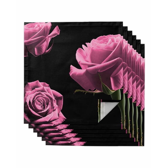 Pink Rose Cloth Napkins Set of 6 Reusable Dinner Napkins, Vintage Abstract Garden Flower Floral Black Cocktail Napkin Washable Table Napkins for Wedding/Holiday Party/Baby Shower 20"x20"