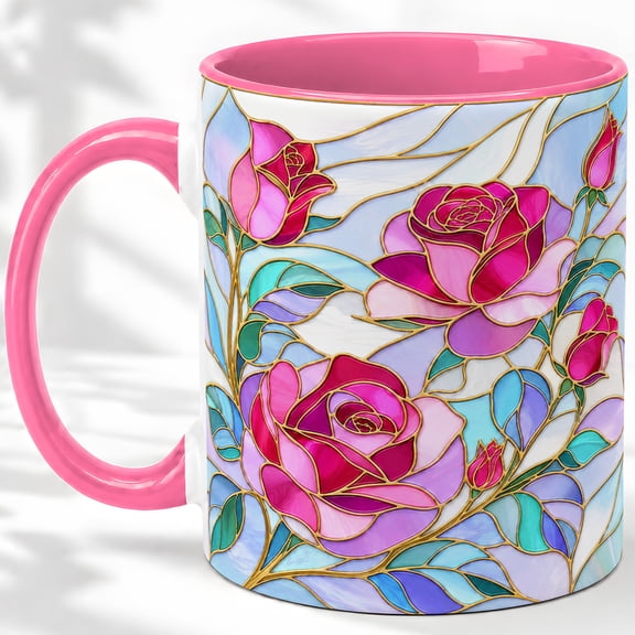 Pink Rose Coffee Mug, Stained Glass Floral Art, Romantic Daily Tea Sips