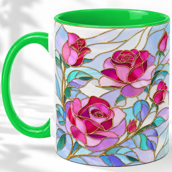 Pink Rose Coffee Mug, Stained Glass Floral Art, Romantic Daily Tea Sips