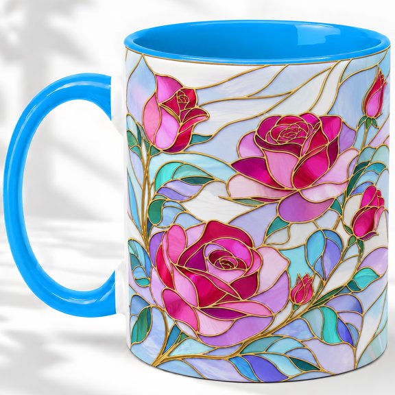 Pink Rose Coffee Mug, Stained Glass Floral Art, Romantic Daily Tea Sips