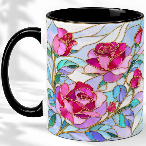 Pink Rose Coffee Mug, Stained Glass Floral Art, Romantic Daily Tea Sips