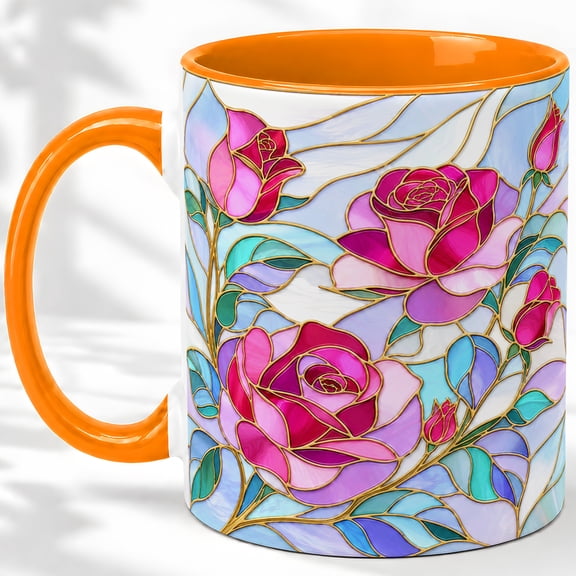 Pink Rose Coffee Mug, Stained Glass Floral Art, Romantic Daily Tea Sips