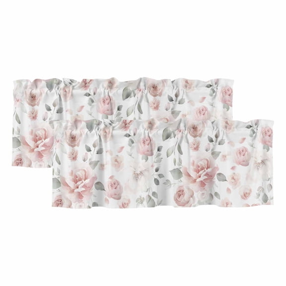 Pink Rose Curtain Valances for Windows, Kitchen Valance Window Treatments Panel 2 Pack, Modern Simple Romantic Flowers Floral Leaves Rod Pocket Short Curtains for Bathroom Bedroom 60 x 18 Inch