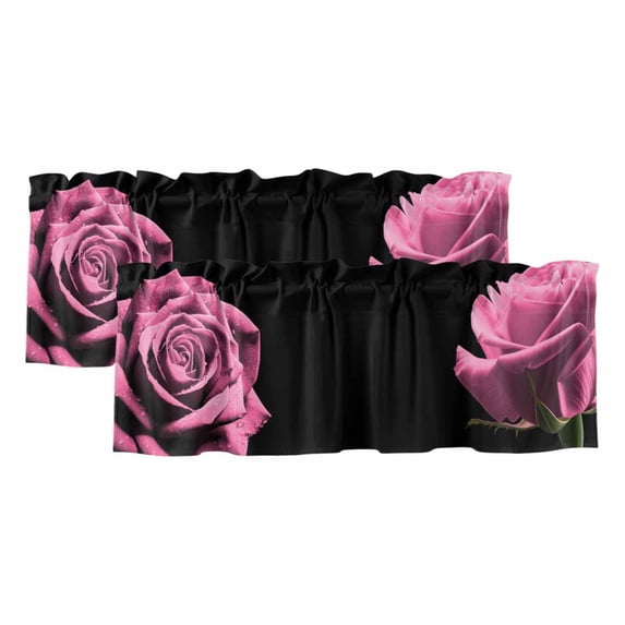 Pink Rose Curtain Valances for Windows, Kitchen Valance Window Treatments Panel 2 Pack, Vintage Abstract Garden Flower Floral Black Rod Pocket Short Curtains for Bathroom Bedroom 42 x 12 Inch