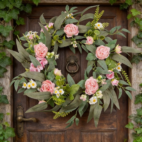 Pink Rose Daisy Eucalyptus Wreath 19.6 Inch Spring Summer Front Door Decor For Porch Window And Home Decor