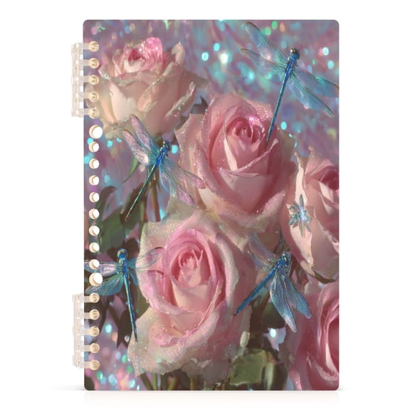 Pink Rose Dragonfly Notebook College Horizontal Grid Paper Ink Spill Resistant Water Resistant Cover 8.3x5.7x0.4in