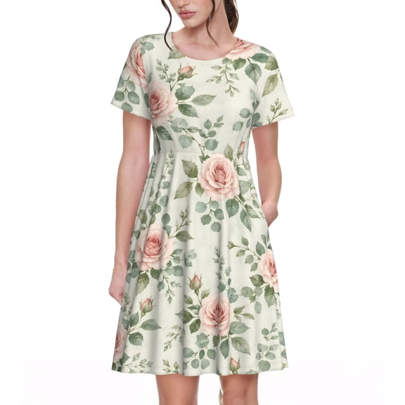 Pink Rose Dresses Short Sleeve Nightdresses for Women