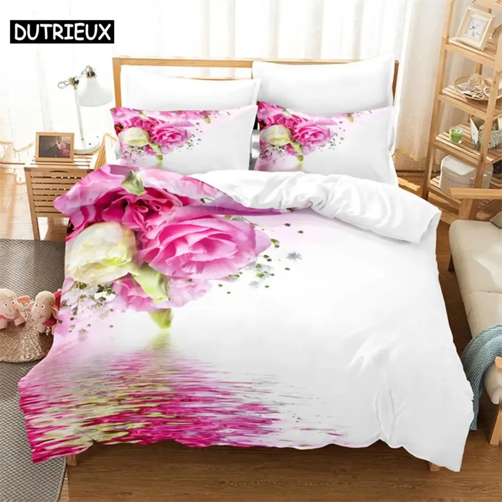 Pink Rose Duvet Cover Set for Single Double Bed20x240 Flower Quilt
