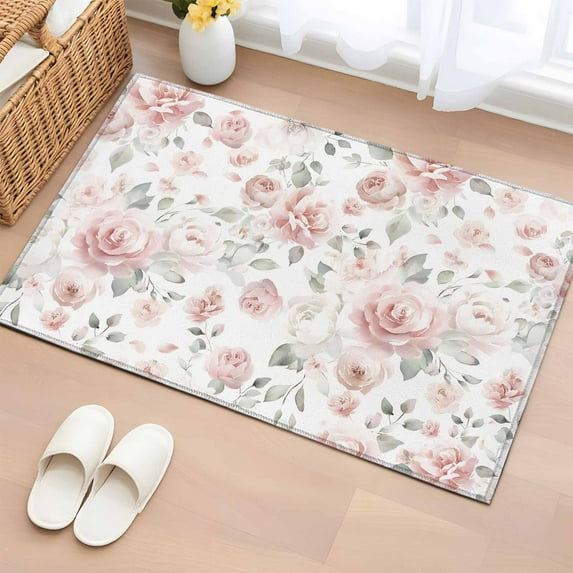 Pink Rose Entryway Rug 2'x3' Non Slip Front Door Mats, Modern Simple Romantic Flowers Floral Leaves Entrance Rugs Indoor Outdoor Carpet, Washable Floor Mats Small Area Rug for Bedroom Kitchen