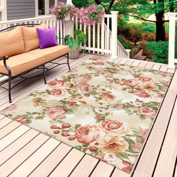 Pink Rose Fall Outdoor Rug for Patio/Deck/Porch, Non-Slip Large Area Rug 6 x 9 Ft, Thanksgiving Vintage Pastoral Floral Indoor Outdoor Rugs Washable Area Rugs, Reversible Camping Rug Carpet Runner