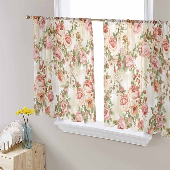 Pink Rose Fall Sheer Curtains 54 Inches Length 2 Panels Set, Window Sheer Curtains for Living Room/Bedroom, Thanksgiving Vintage Pastoral Floral Light Filtering Rod Pocket Curtain 52'' x 54'' x 2
