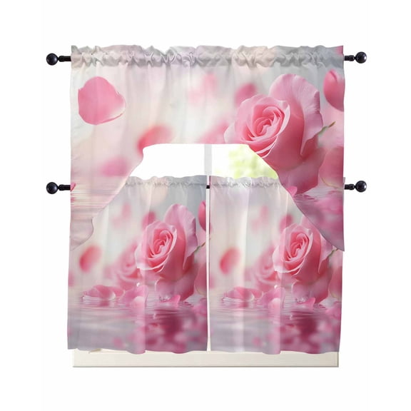 Pink Rose Fantasy Kitchen Curtains Set for Windows 3 Piece Cafe Curtains 24 Inch Length Swag Curtains Valances and Tier Set Elegance Floral Romantic Reflection Drapes for Bedroom Bathroom Living Room
