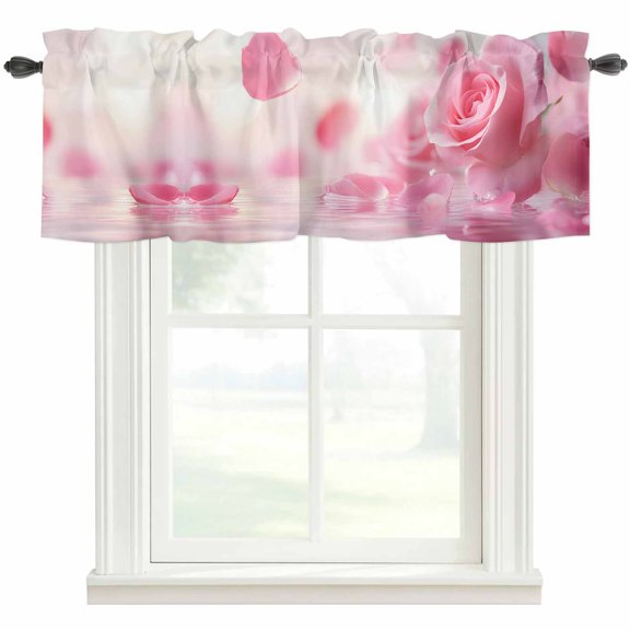 Pink Rose Fantasy Kitchen Valances for Windows, Elegance Floral Romantic Reflection Bathroom Window Valances 60x18 Inch Rod Pocket Window Treatments Valance Curtains for Living Room Bedroom Decor