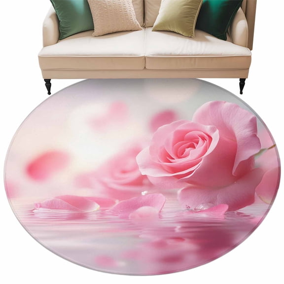 Pink Rose Fantasy Large Area Rugs for Bedroom Living Room, Soft Non Slip Carpet Bedside Rug, Elegance Floral Romantic Reflection Round Floor Cover Kitchen Accent Rug 7' for Dining Room/Office