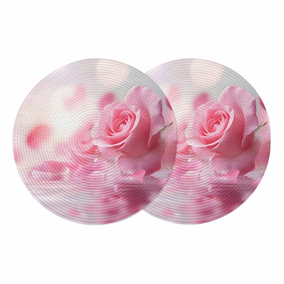 Pink Rose Fantasy Round Placemats Set of 2 Elegance Floral Romantic Reflection Place Mats Indoor Woven Table Mats Washable Heat-Resistance Braided Dining Table Placemats for Kitchen Party 13 Inch