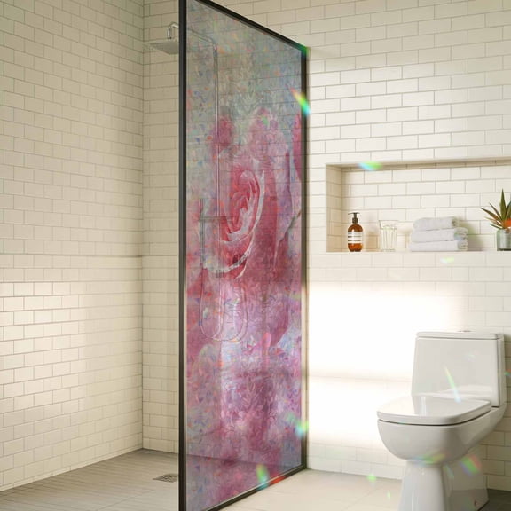 Pink Rose Fantasy Window Privacy Film Rainbow Static Cling Stain Glass Window Film for Glass Door, Decorative Sunroof Decal Sticker for Car Bathroom 29.5"x118" Elegance Floral Romantic Reflection